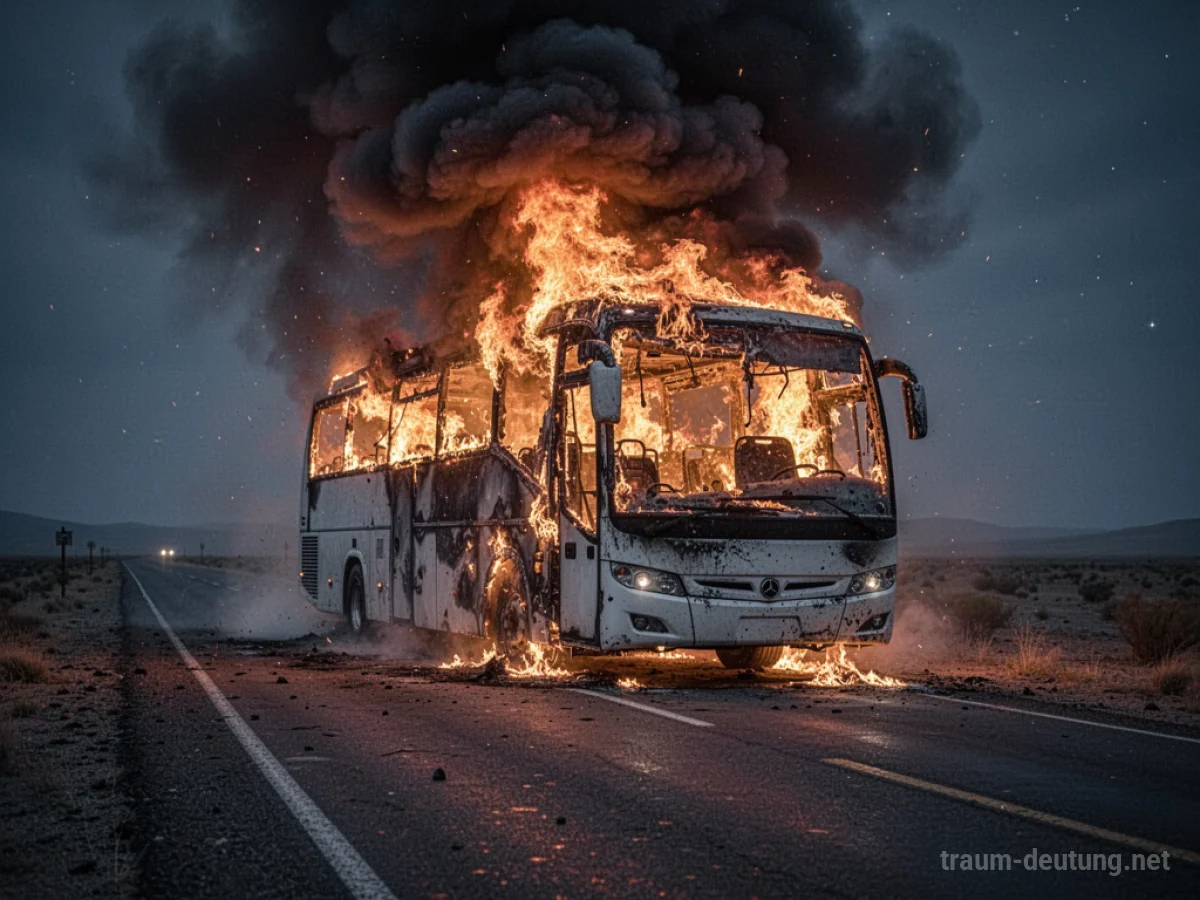 Brennender Bus auf dunkler Straße bei Nacht