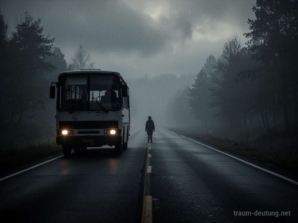 Silhouette eines Busses nähert sich einer kleinen Figur auf einer dunklen Straße