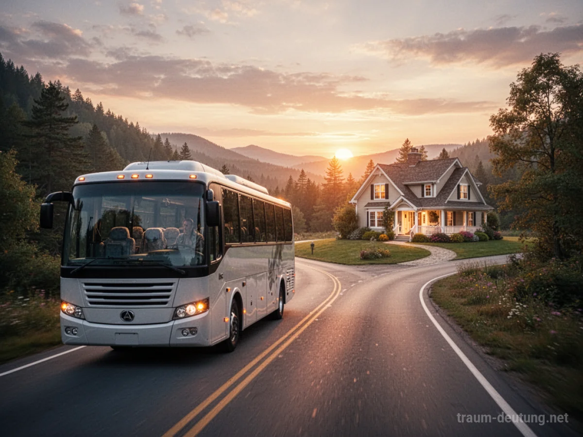 Ein Bus fährt auf einer Straße auf ein gemütliches Zuhause zu.