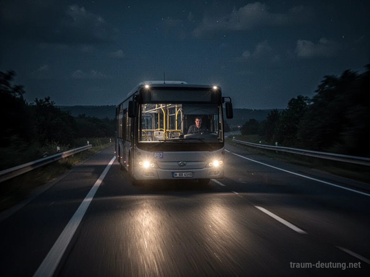 Ein Bus rast nachts auf einer leeren Straße, Scheinwerfer im Dunkeln.