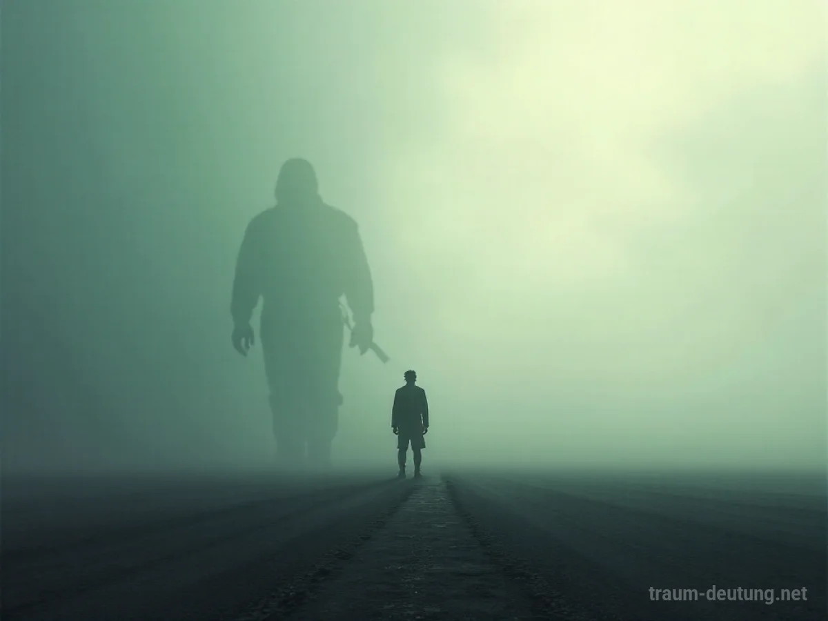 Eine einsame Person steht auf einem weiten Feld, eine dunkle Silhouette nähert sich.