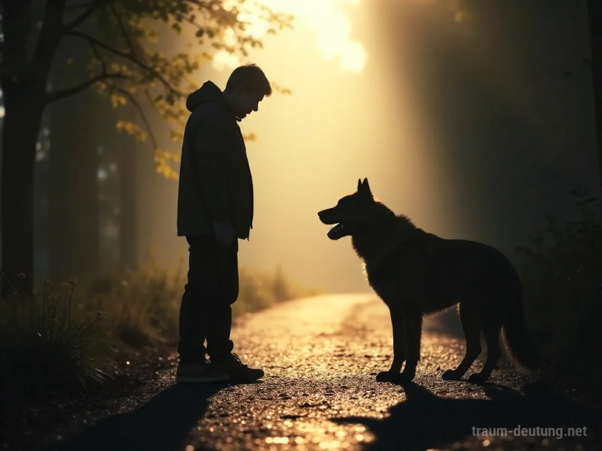 Silhouetten eines Menschen und eines bellenden Hundes im Dunkeln