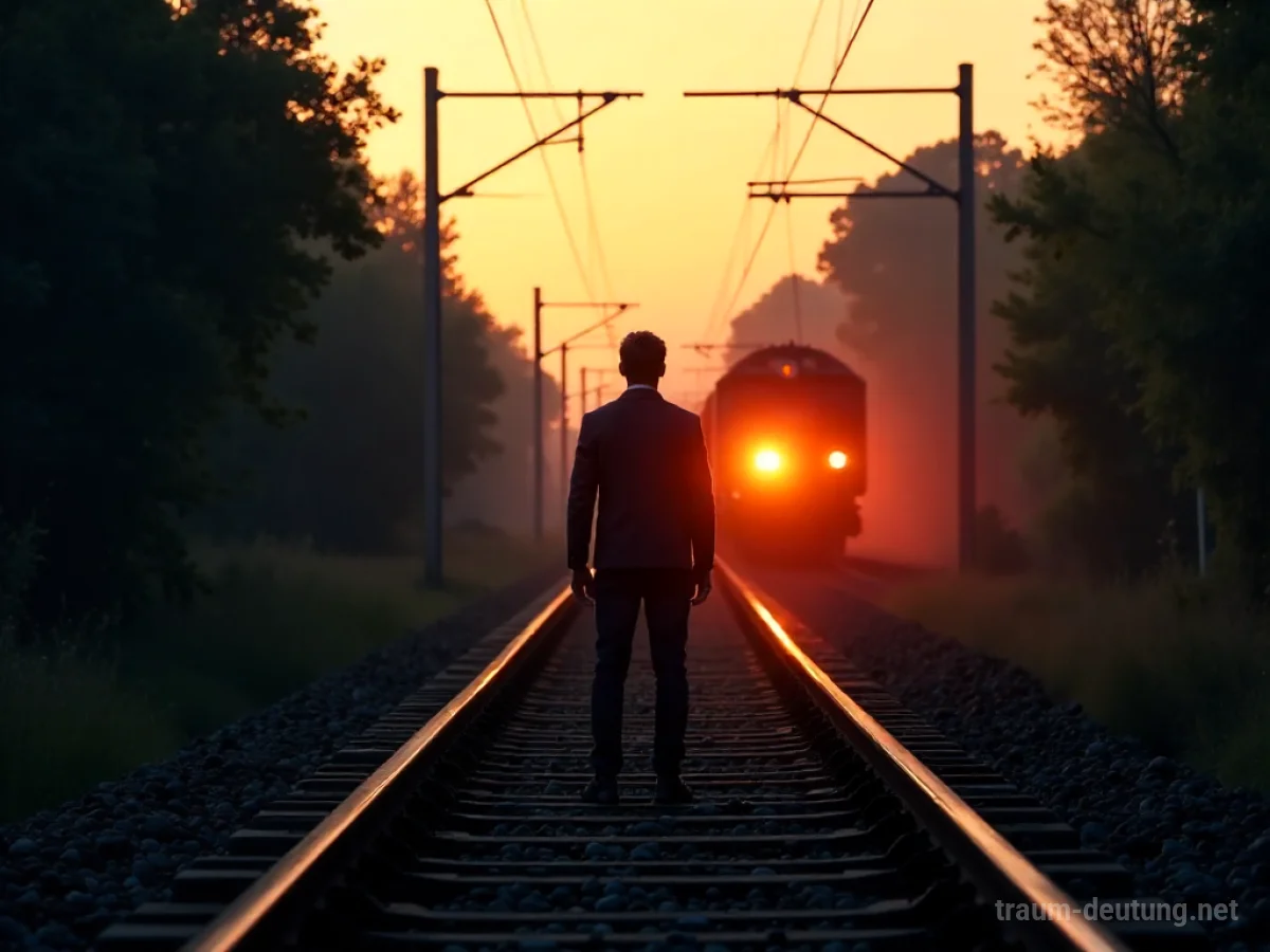 Silhouette eines Zuges, der auf eine Person auf Bahngleisen zufährt
