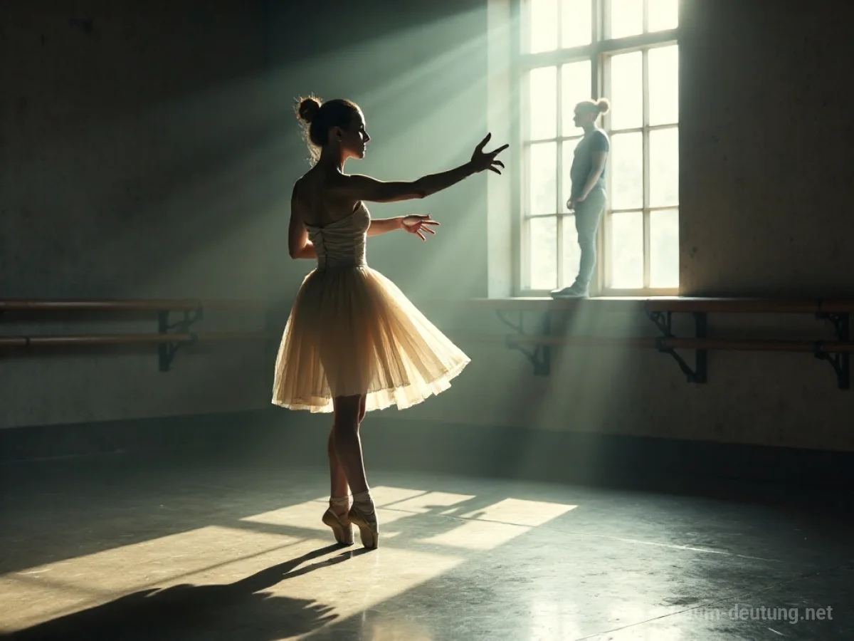 Eine Ballerina erklärt eine Tanzpose in einem hellen Tanzstudio.