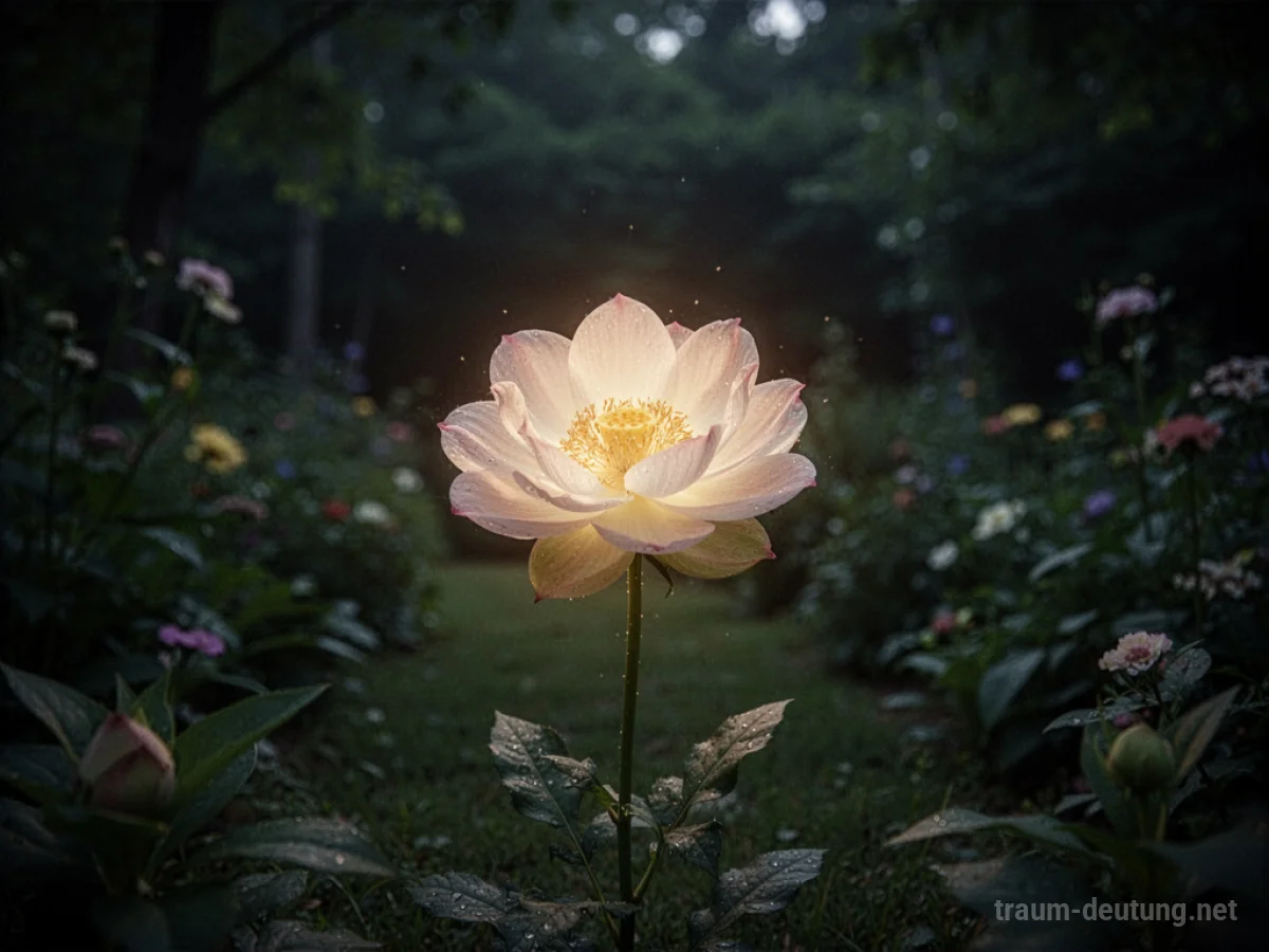 Eine einzelne Blume leuchtet hell in einem dunklen Garten.