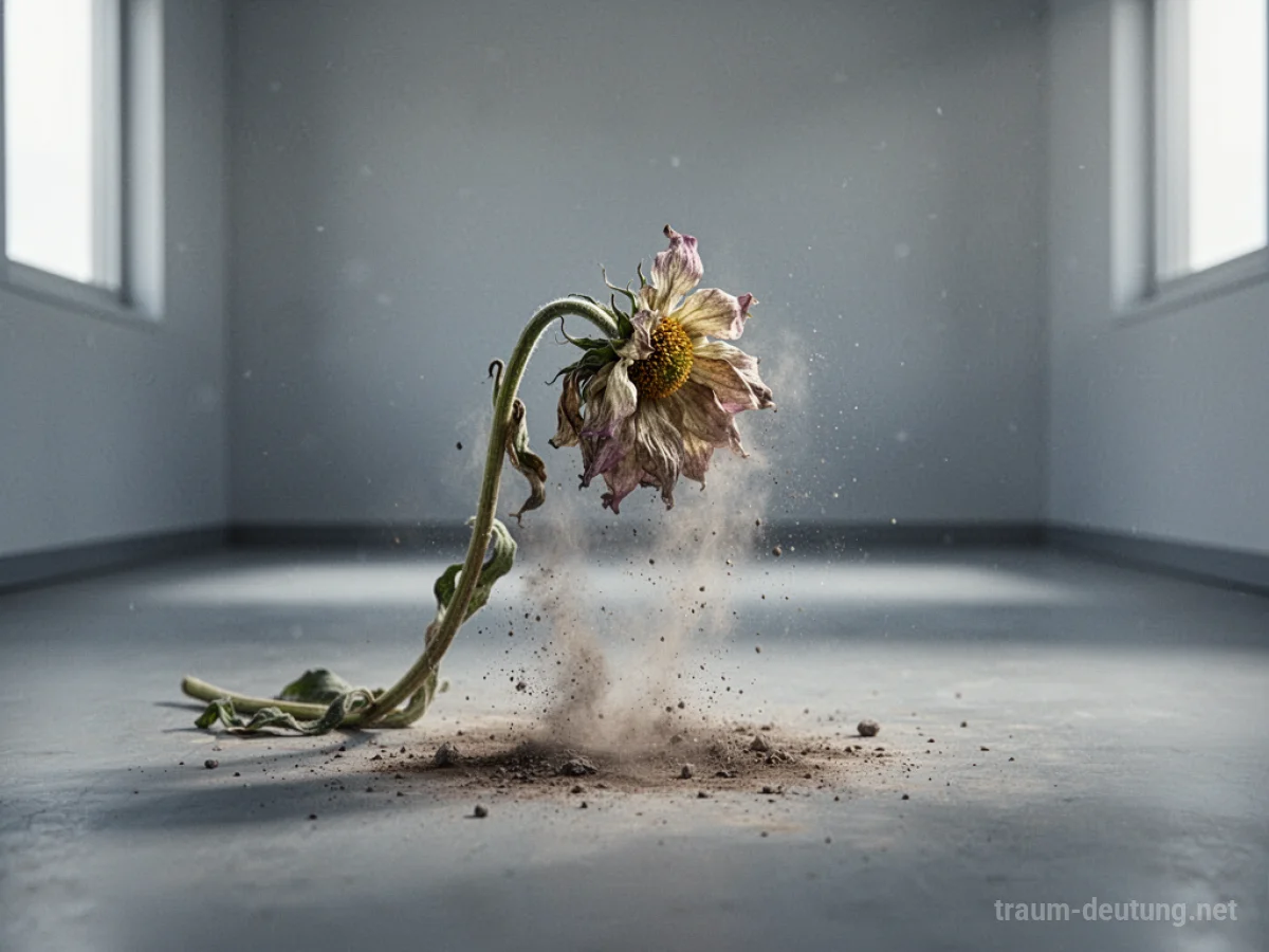 Eine einzelne Blume, die in einem leeren Raum verwelkt und zu Staub zerfällt.