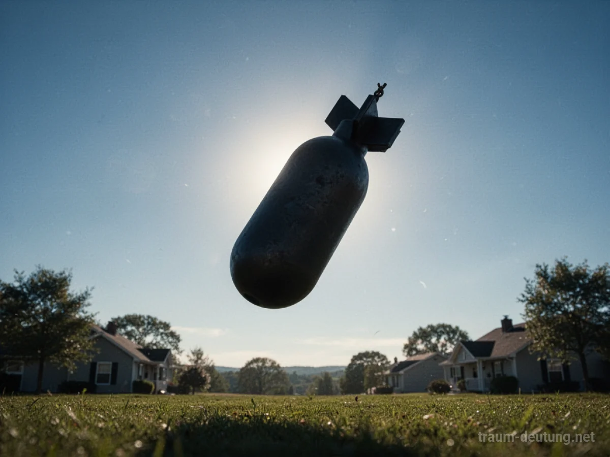 Eine stilisierte Bombe fällt vom Himmel auf eine friedliche Landschaft.
