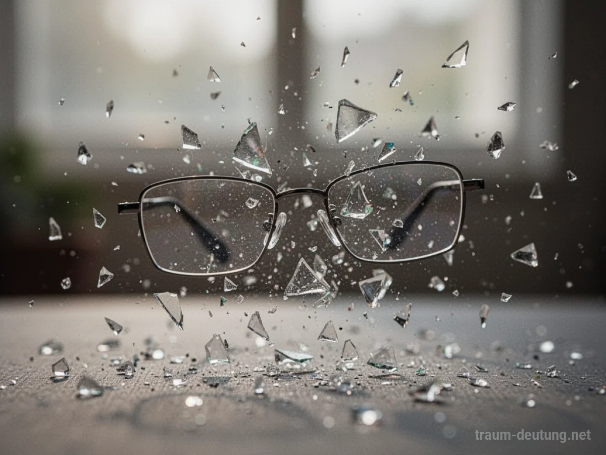Zerbrochene Brille mit vielen einzelnen Scherben, die durch die Luft fliegen.