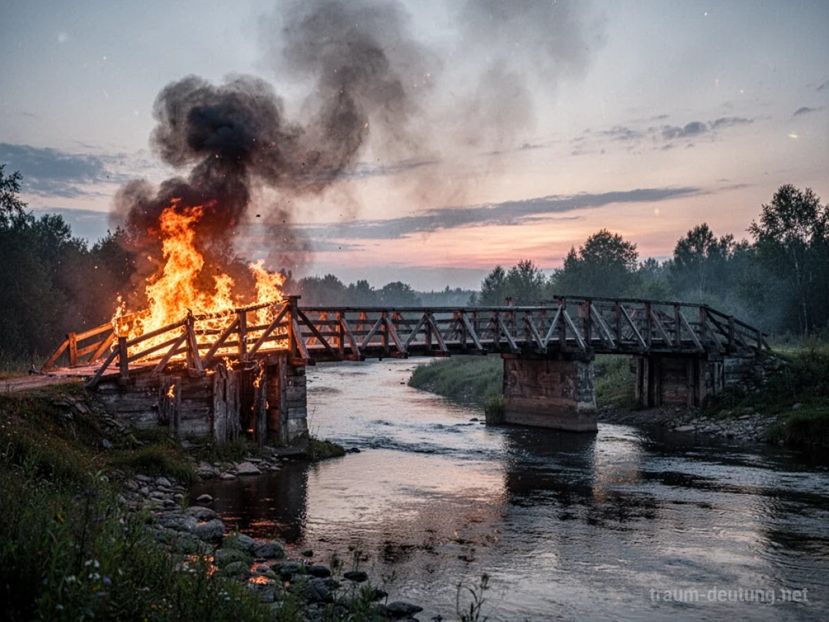 Brennende Brücke im Zwielicht, die über einen Fluss führt