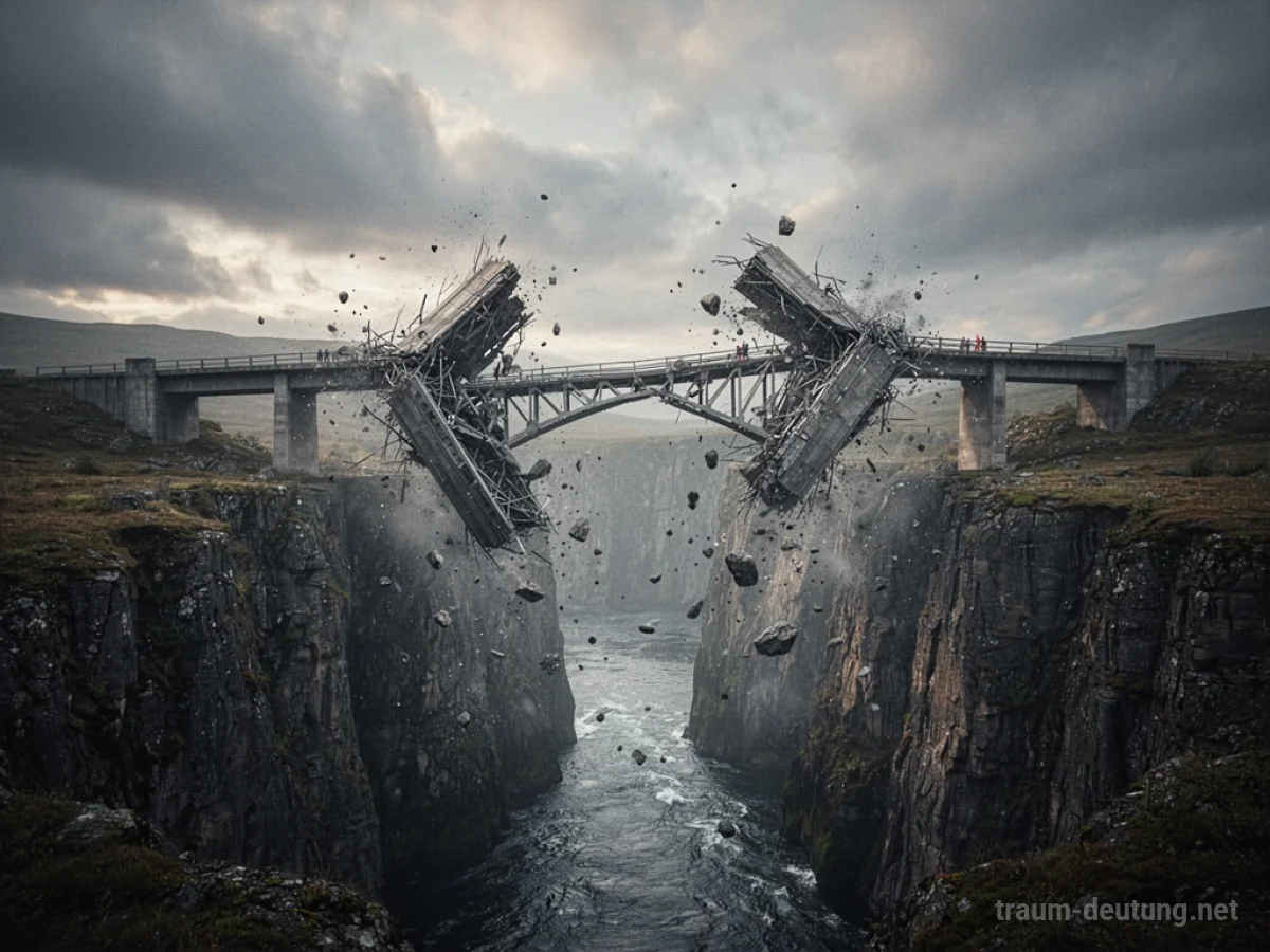 Eine Brücke stürzt in eine Schlucht, umgeben von dramatischem Himmel.