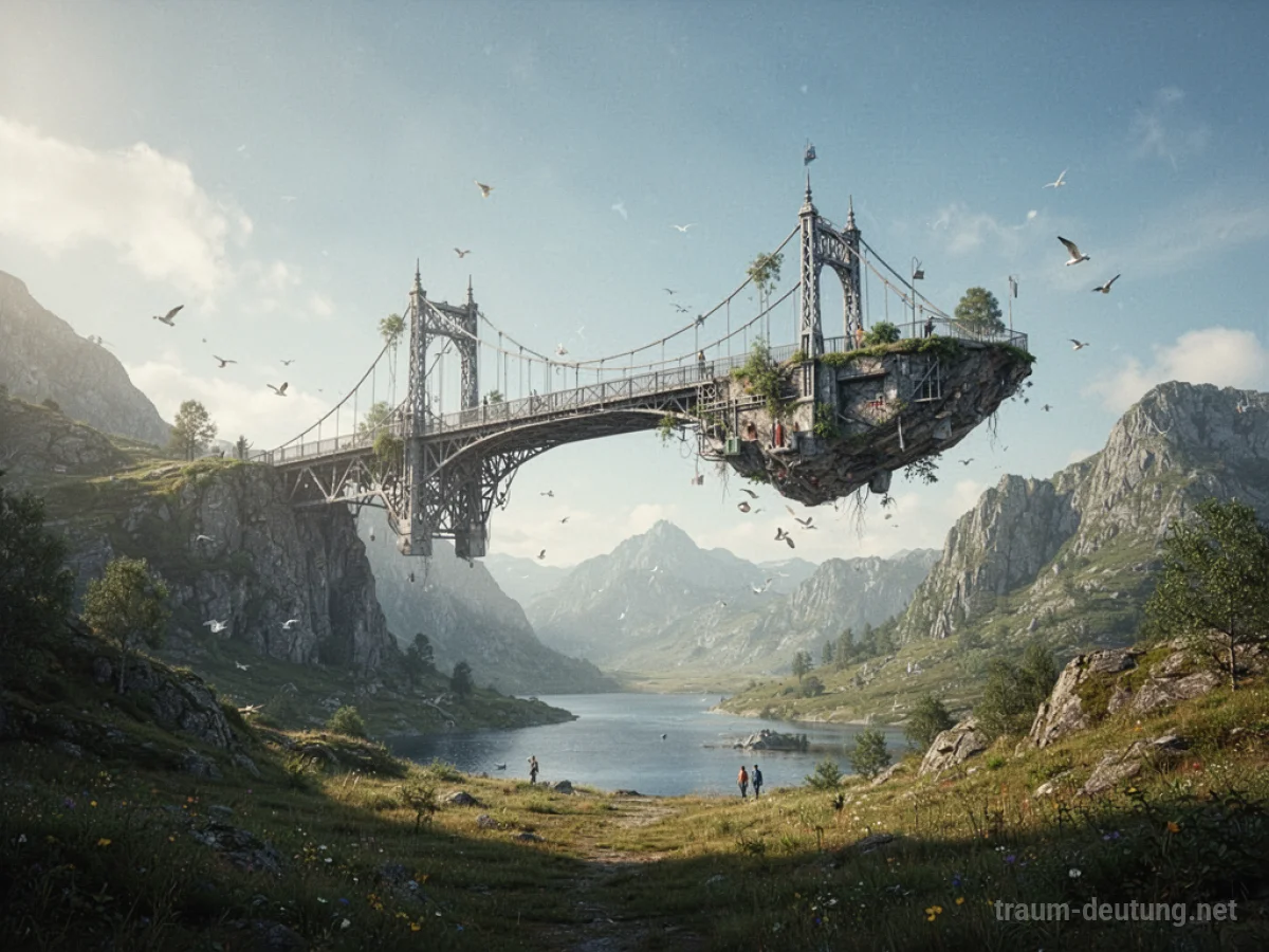 Eine schwebende Brücke in der Luft über einer abstrakten Landschaft