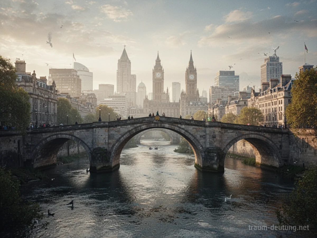 Eine Brücke führt von einer grünen Landschaft zu einer beleuchteten Stadt.