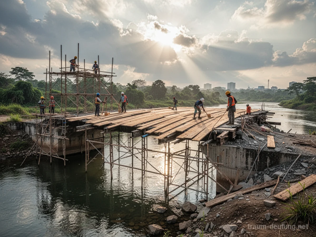 Reparatur einer Brücke über einem Fluss mit neuen Holzdielen und Arbeitern.