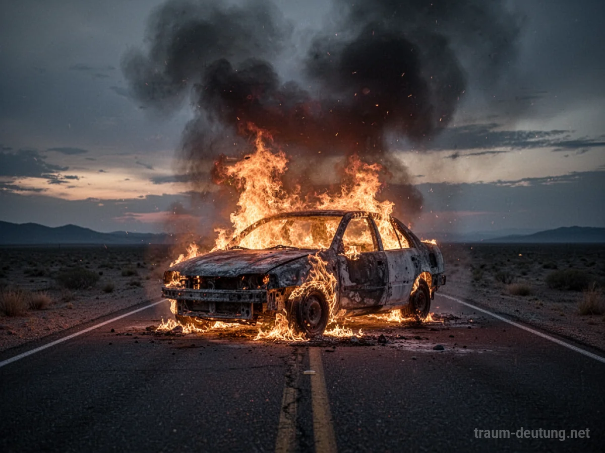 Ein brennendes Auto auf einer einsamen Straße bei Dämmerung.