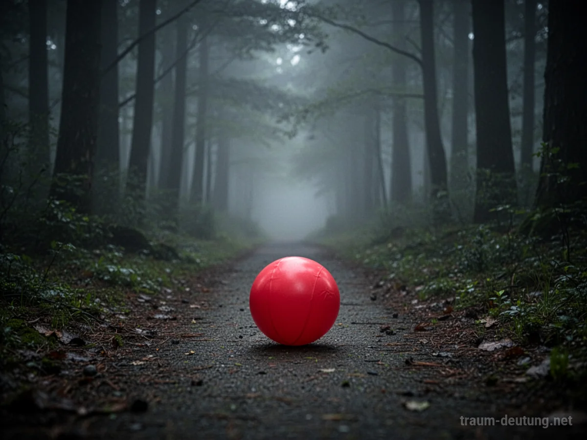 Ein verlorener roter Ball liegt auf einem Weg, der in einen dunklen Wald führt.
