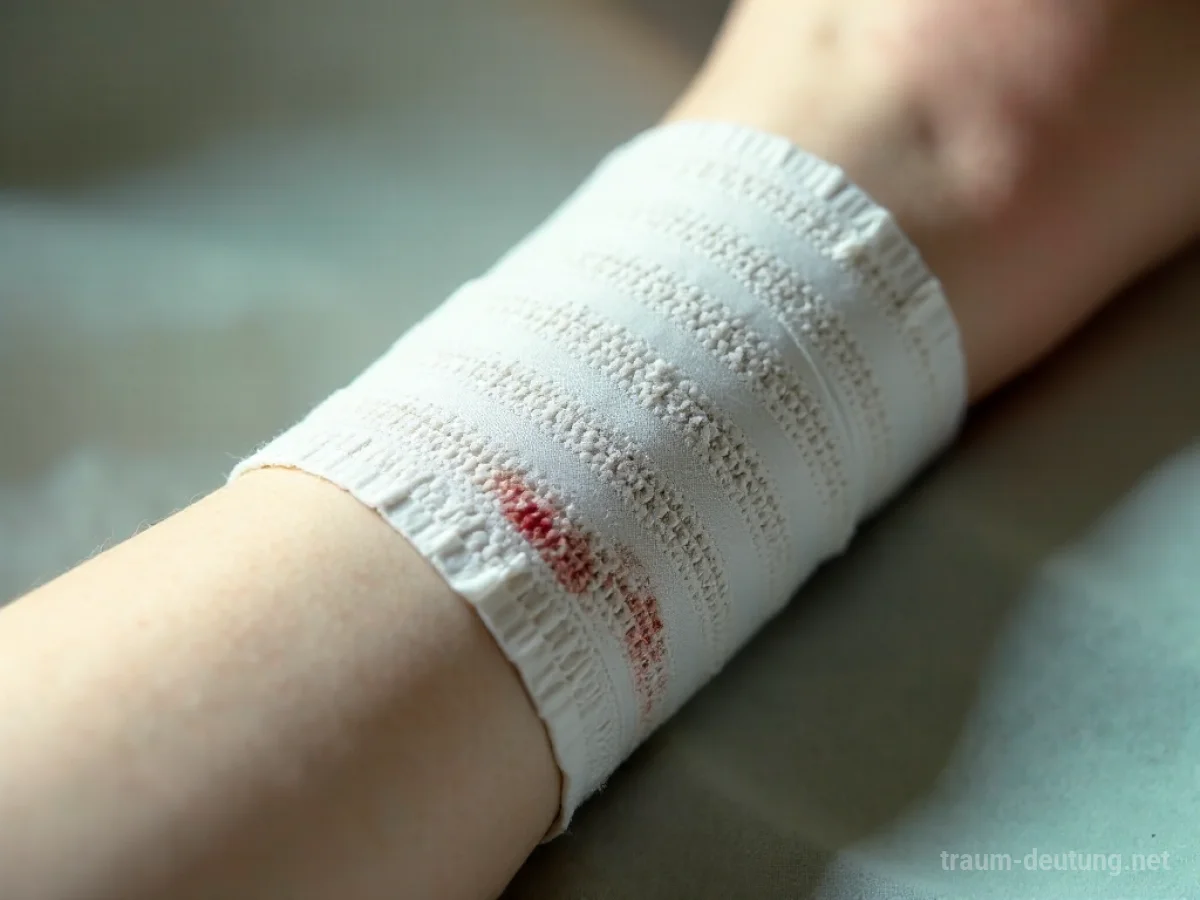Ein verletzter Verband mit einer dunklen Spur auf neutralem Hintergrund.