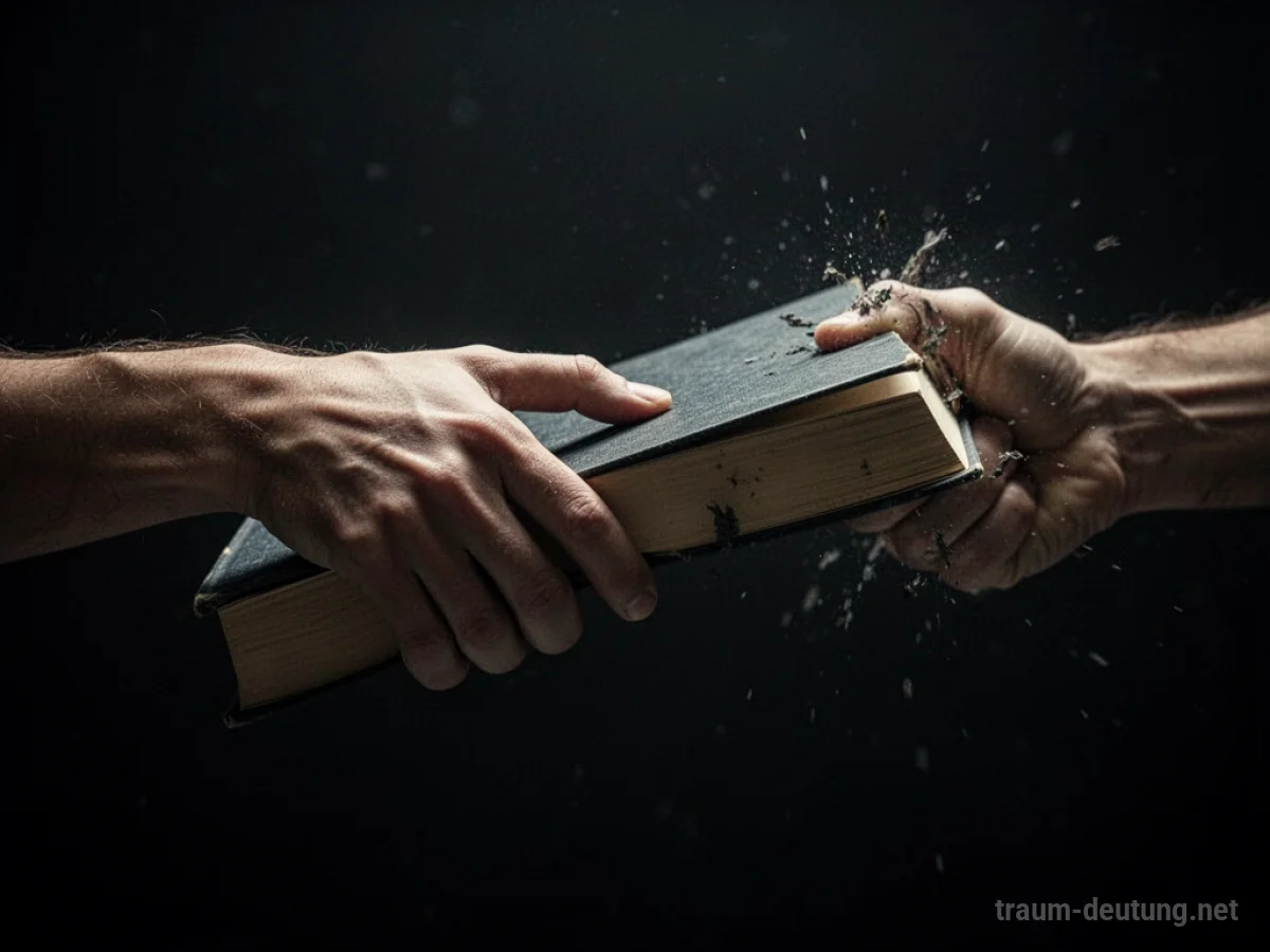 Ein Buch wird einer Person im Traum entrissen, symbolisiert Verlust.
