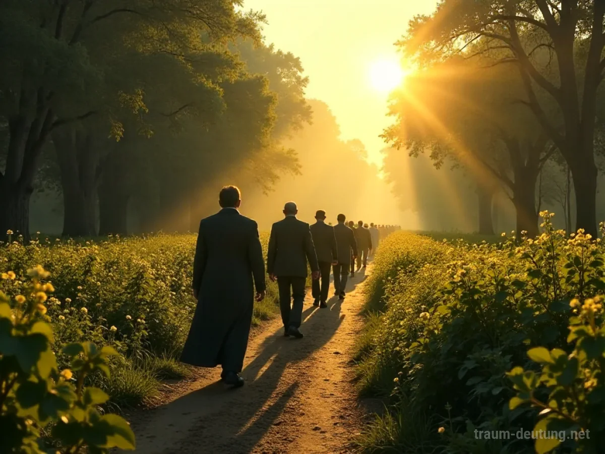 Ein Trauerzug verwandelt sich in eine sonnige Wiese, symbolisiert Wandel und Neuanfang im Traum.