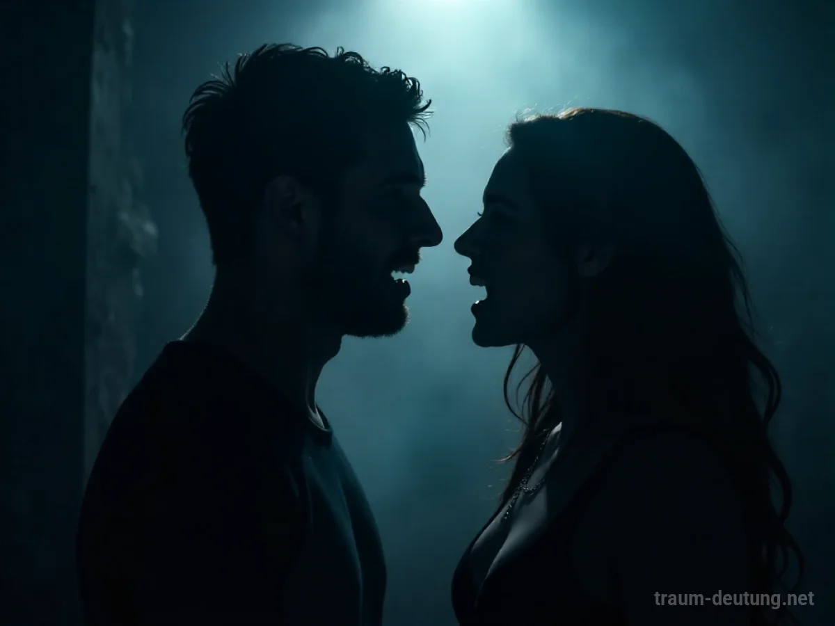 Schattenhafte Figur mit Vampirzähnen nähert sich dem Hals einer Person in nebliger Atmosphäre.