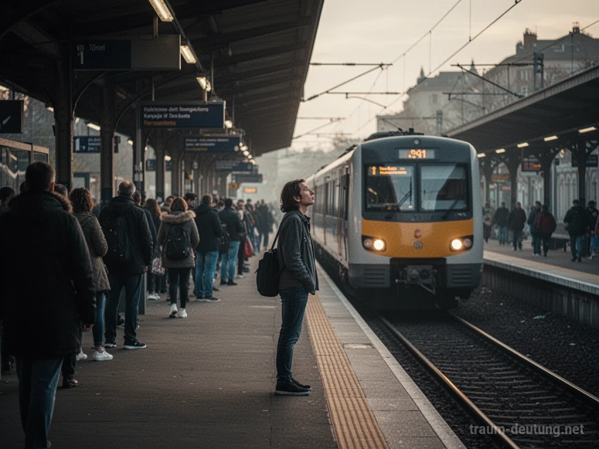 Eine Person steht verwirrt auf einem Bahnhof und sieht einem abfahrenden Zug nach.