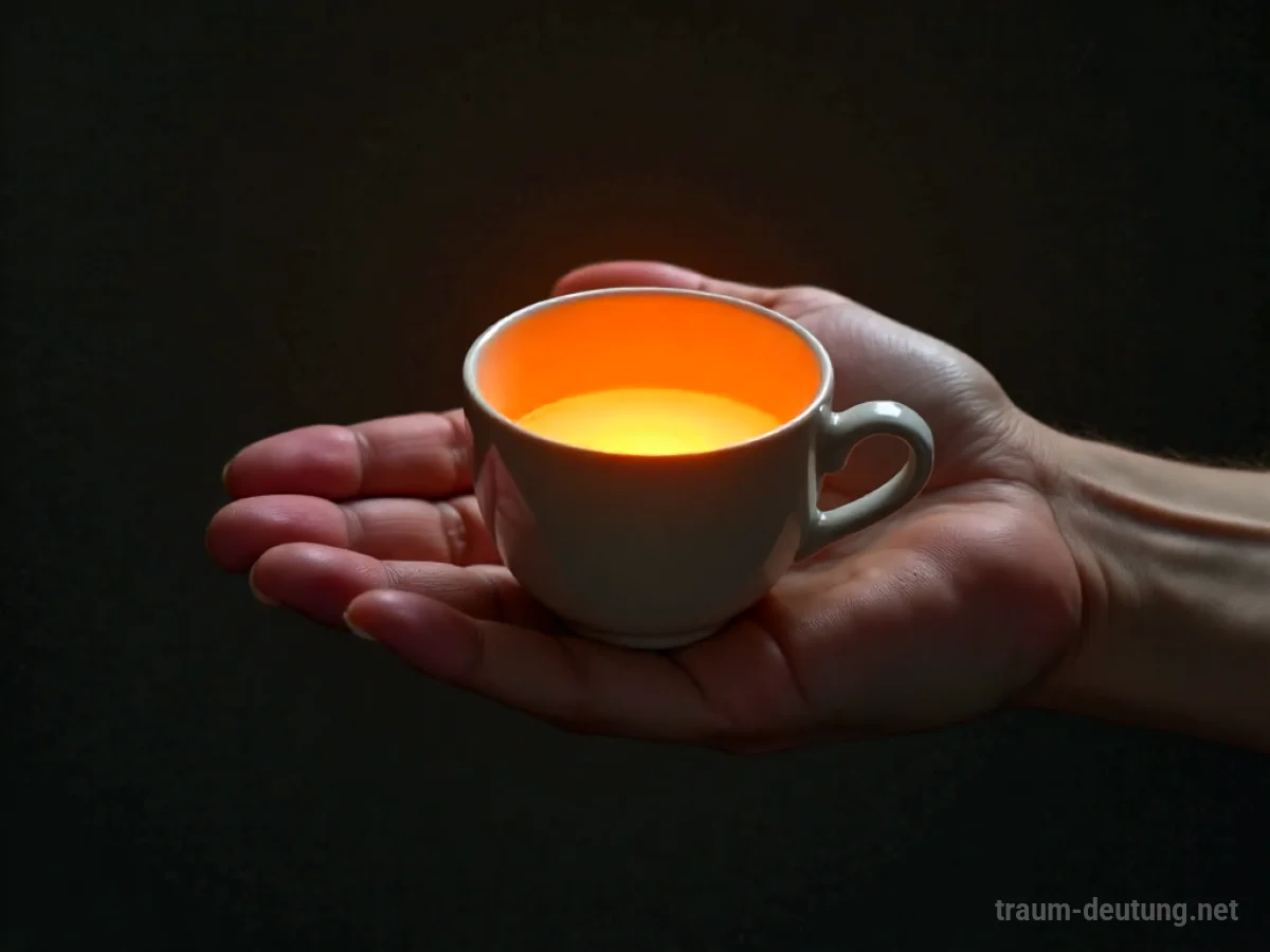 Eine Hand reicht einer anderen einen Becher mit leuchtender Flüssigkeit.