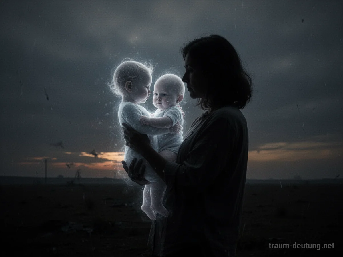 Schattenfigur eines Elternteils hält ein verblassendes Baby im Arm vor dunklem Horizont.