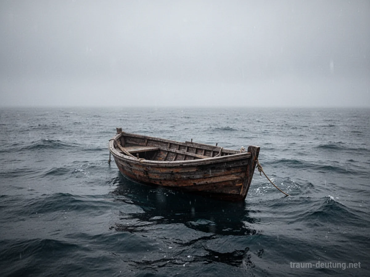 Ein leeres Boot treibt auf einem nebligen Meer, ohne Sicht auf Land.
