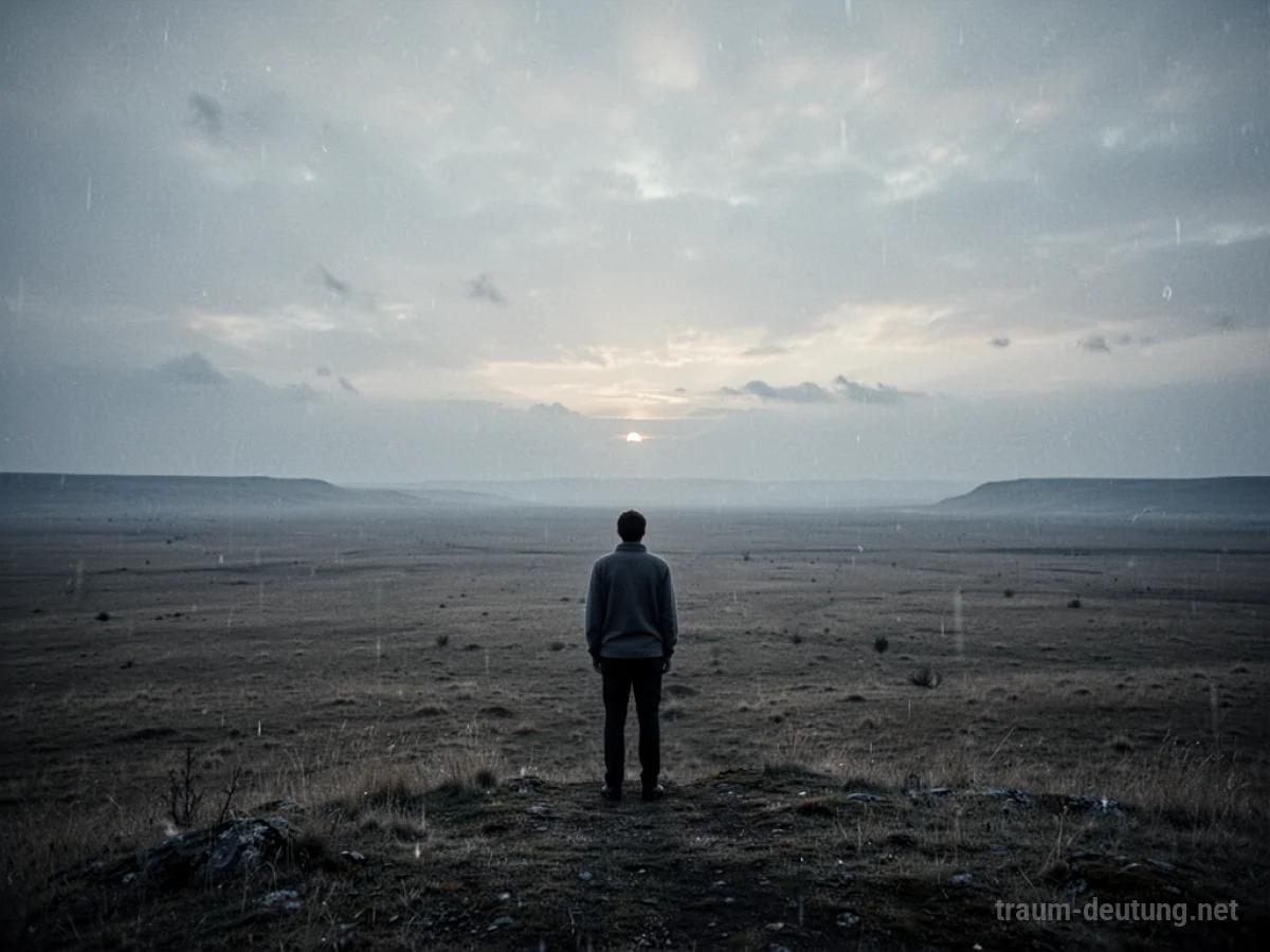Eine einsame Figur steht am Horizont und blickt auf eine ferne Landschaft.