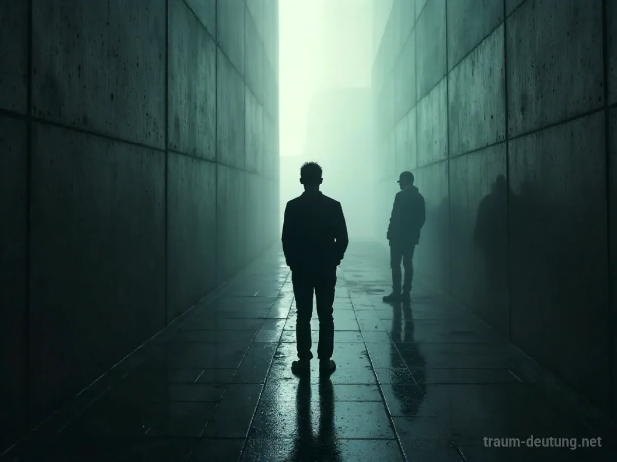 Eine Person steht einer Silhouette ihres Doppelgängers gegenüber in einem abstrakten Raum.
