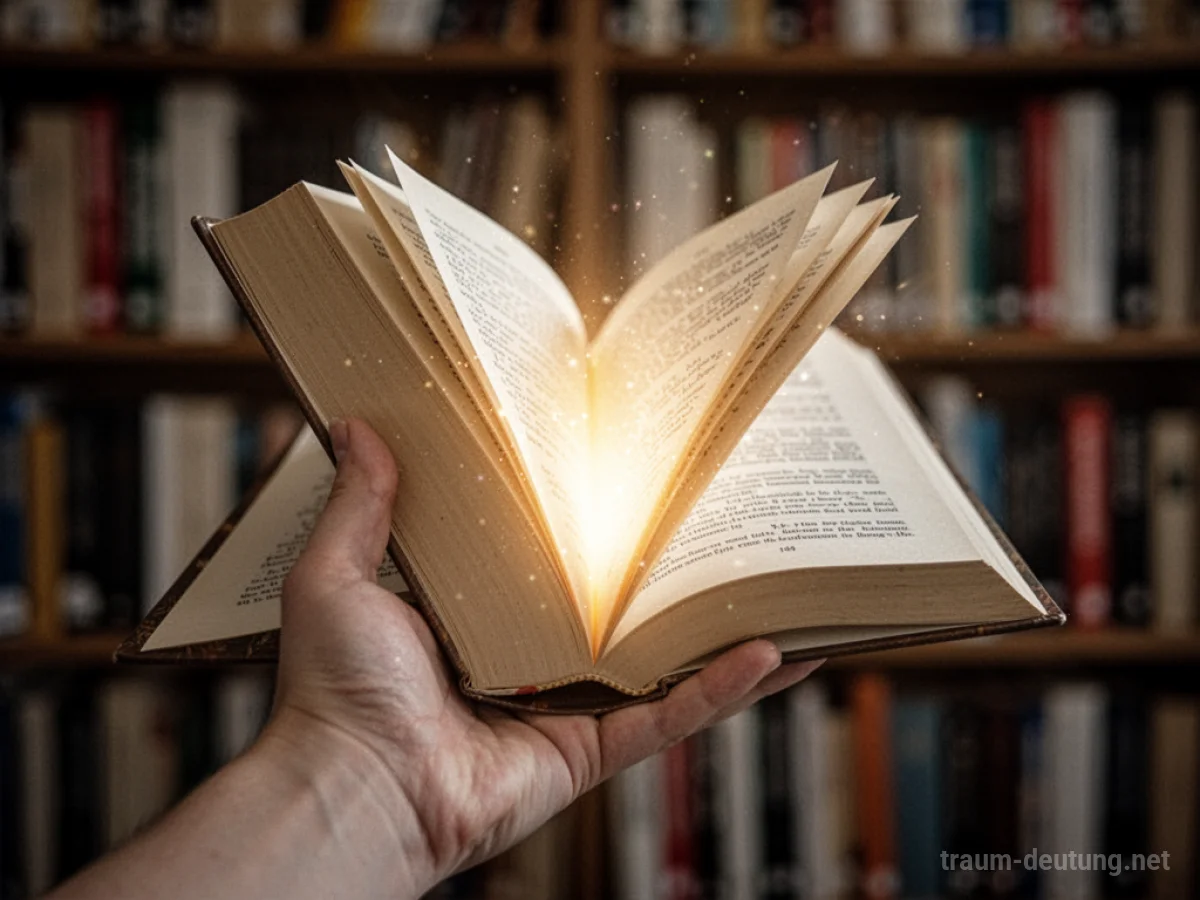 Hand hält ein neues Buch, aus dessen Seiten ein sanftes Licht strahlt.