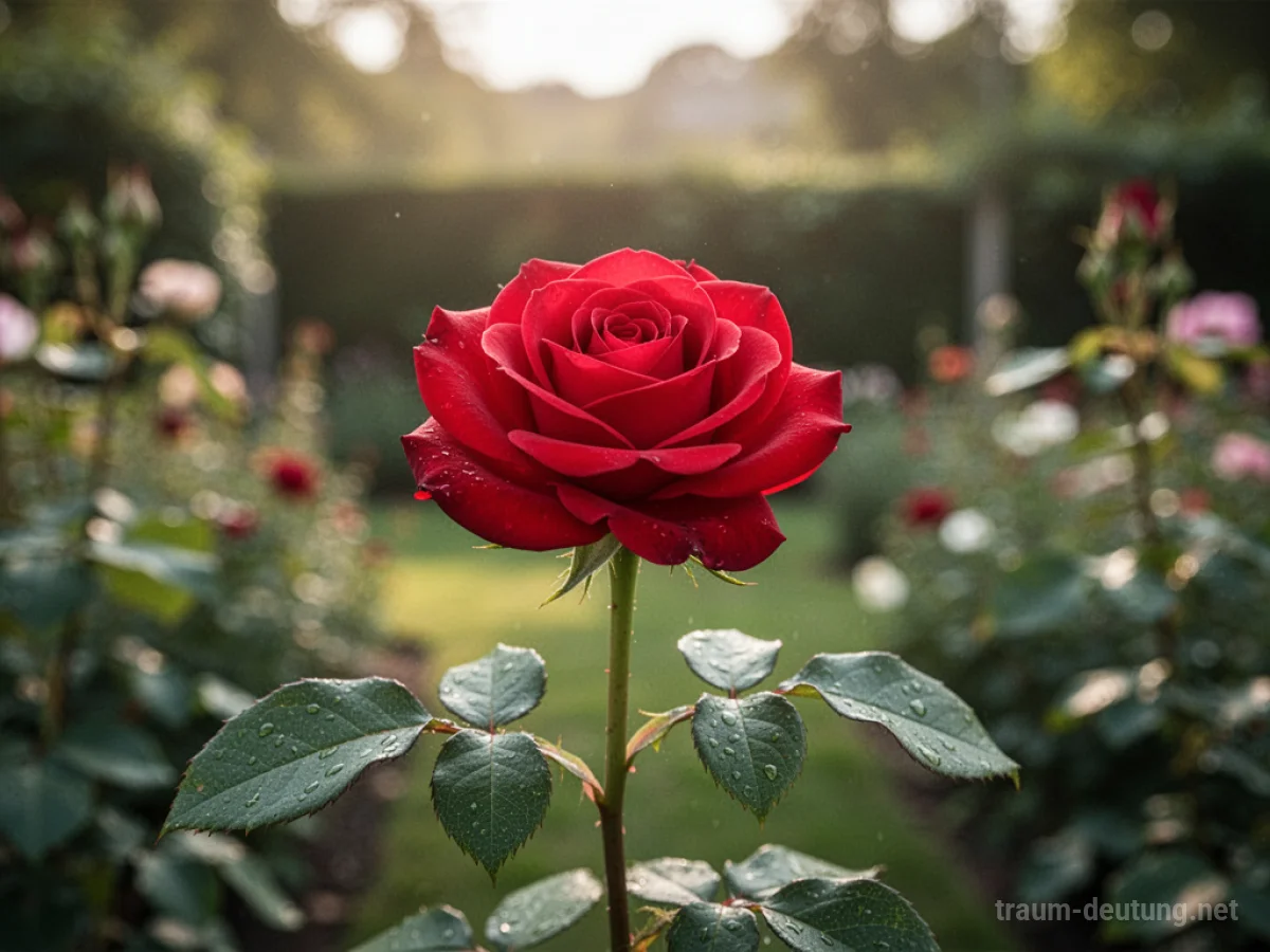 Eine einzelne rote Rose in voller Blüte in einem Garten