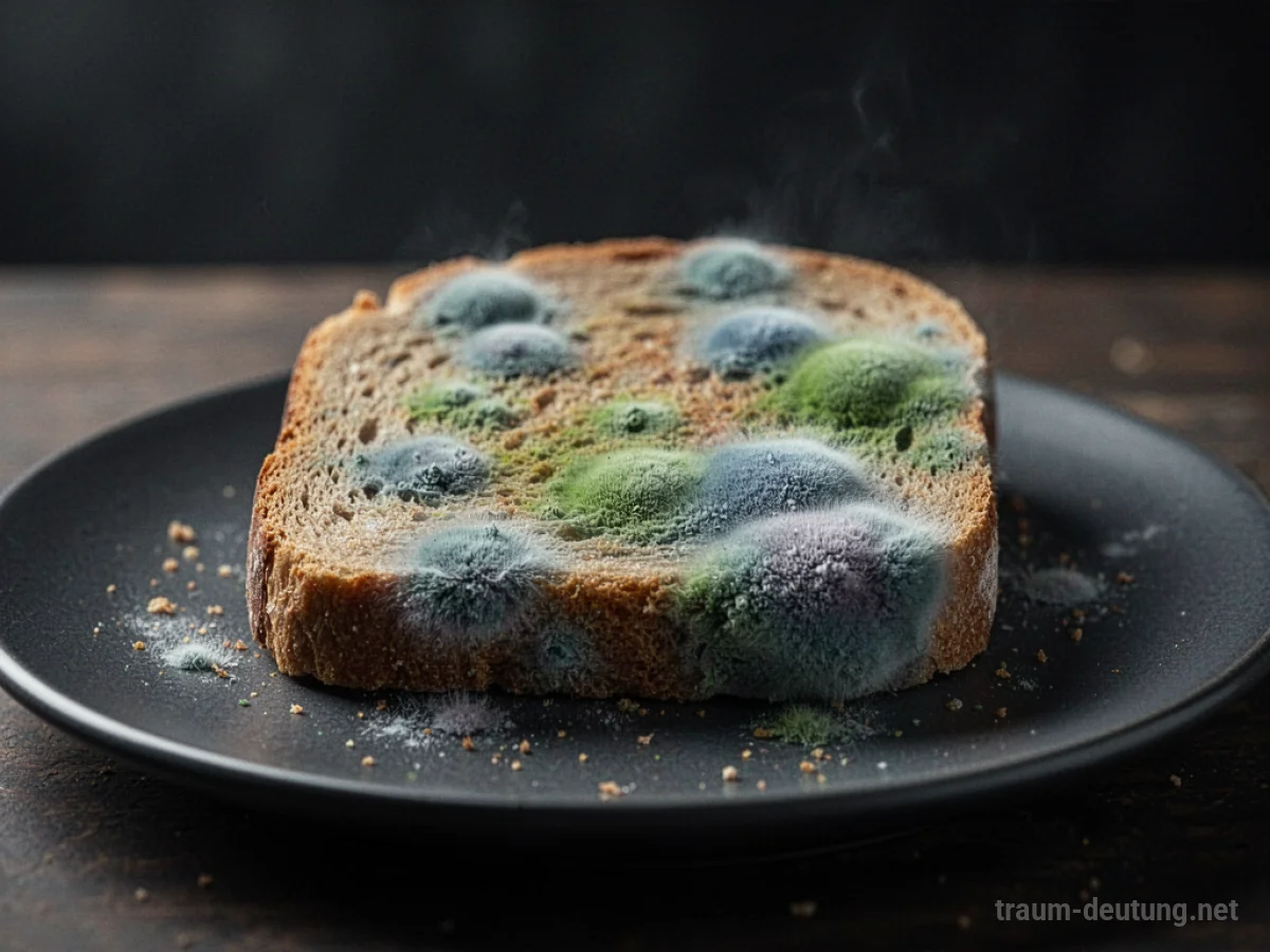 Ein Stück schimmeliges Brot liegt auf einem dunklen Teller.