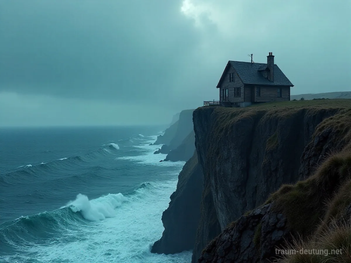 Ein einzelnes Haus auf einer zerklüfteten Klippe über einem stürmischen Meer.