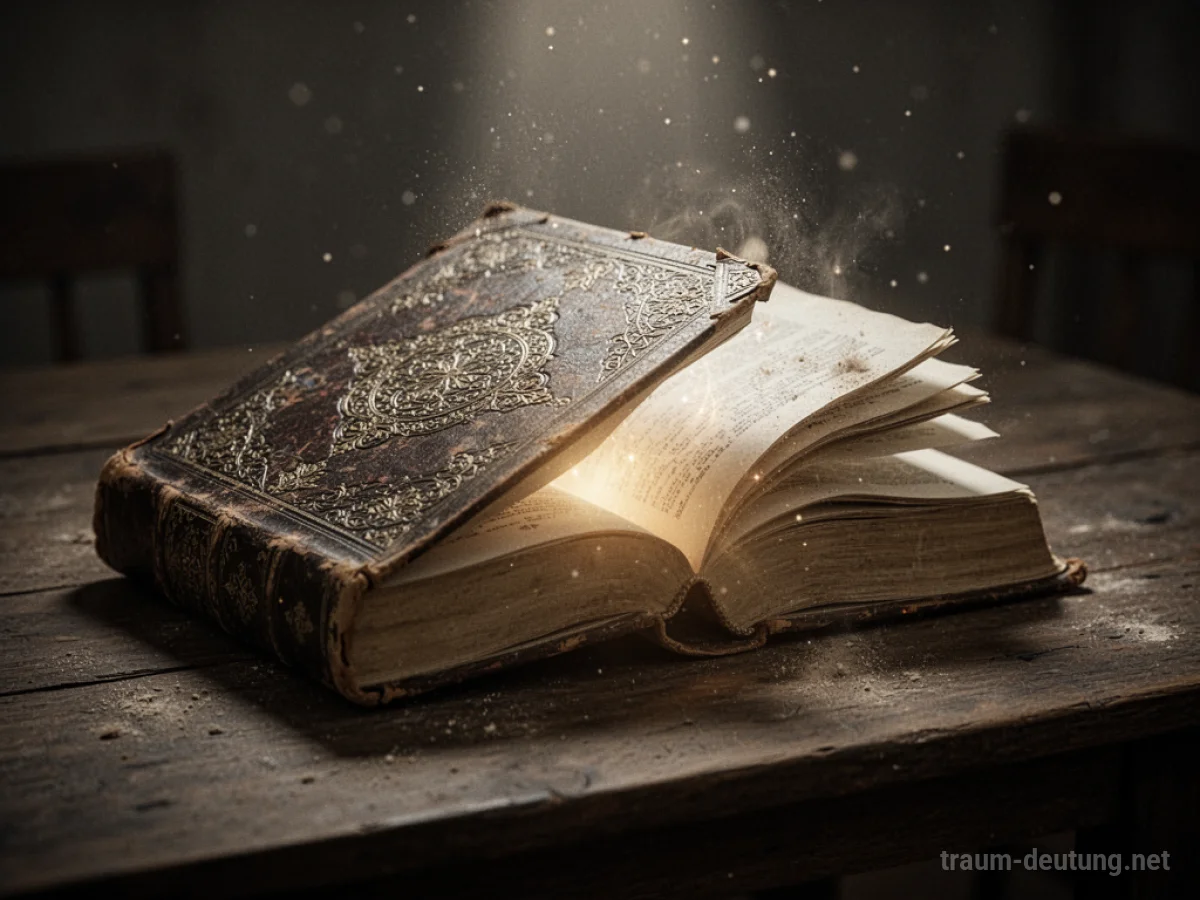 Ein leicht geöffnetes, altes Buch auf einem Tisch, aus dem ein mystisches Licht scheint.