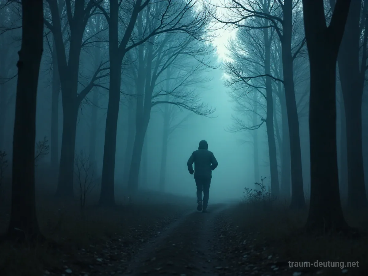 Silhouette einer Person, die durch einen nebligen Wald rennt, während Schatten im Hintergrund lauern.