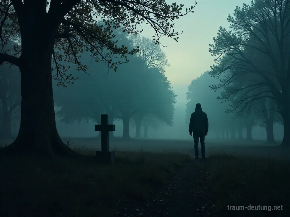 Trauernde Person steht allein auf einem Friedhof vor einem Grab.