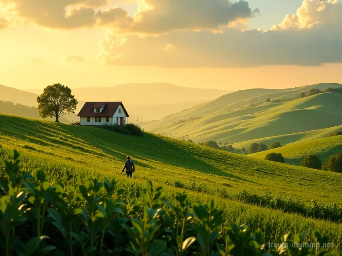 Ein sonnenbeschienener Bauernhof mit Haus und Feldern, eine Person kümmert sich um das Land.