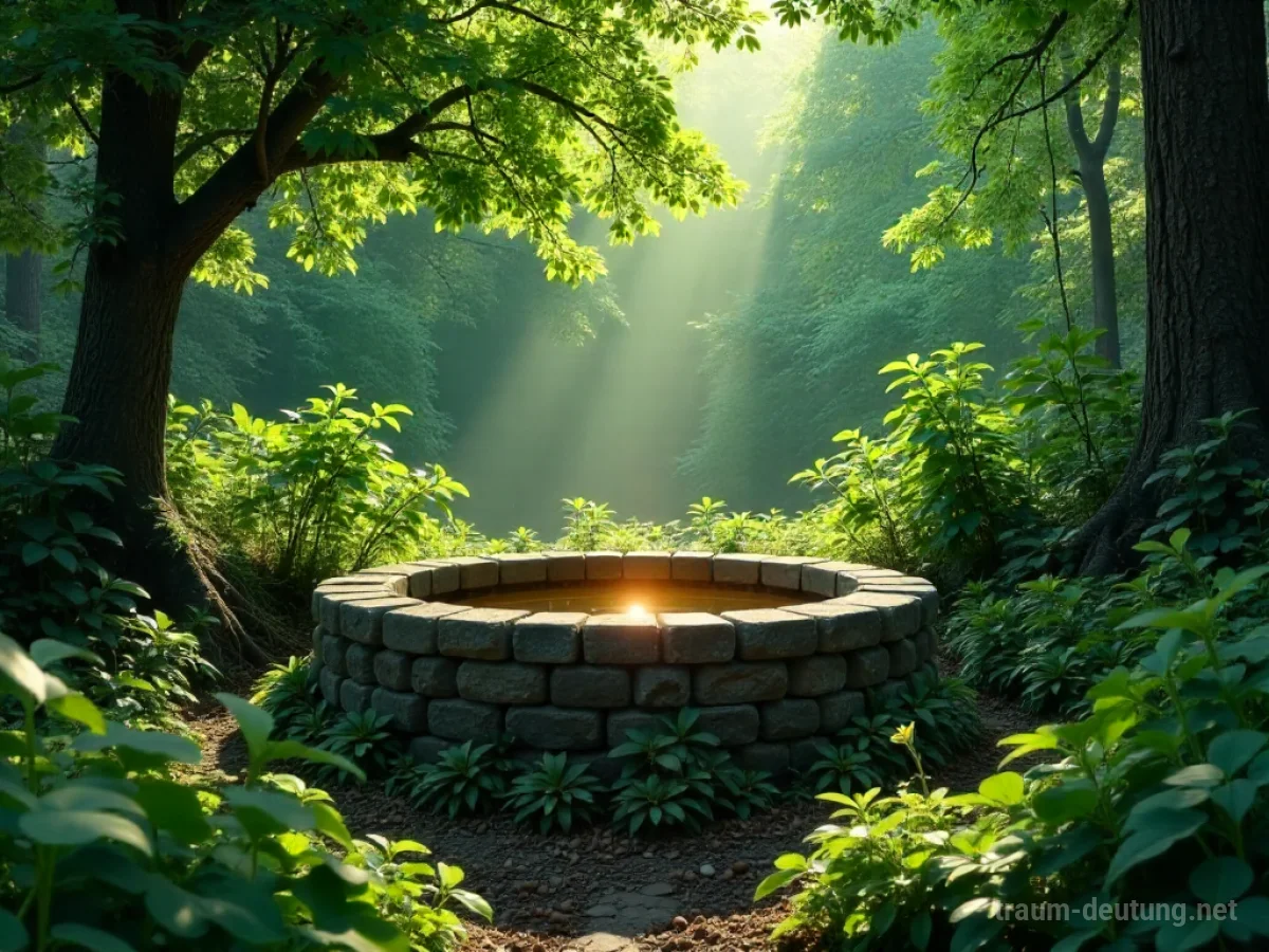 Ein Steinbrunnen in einem sonnigen Wald, aus dem ein goldenes Licht scheint.