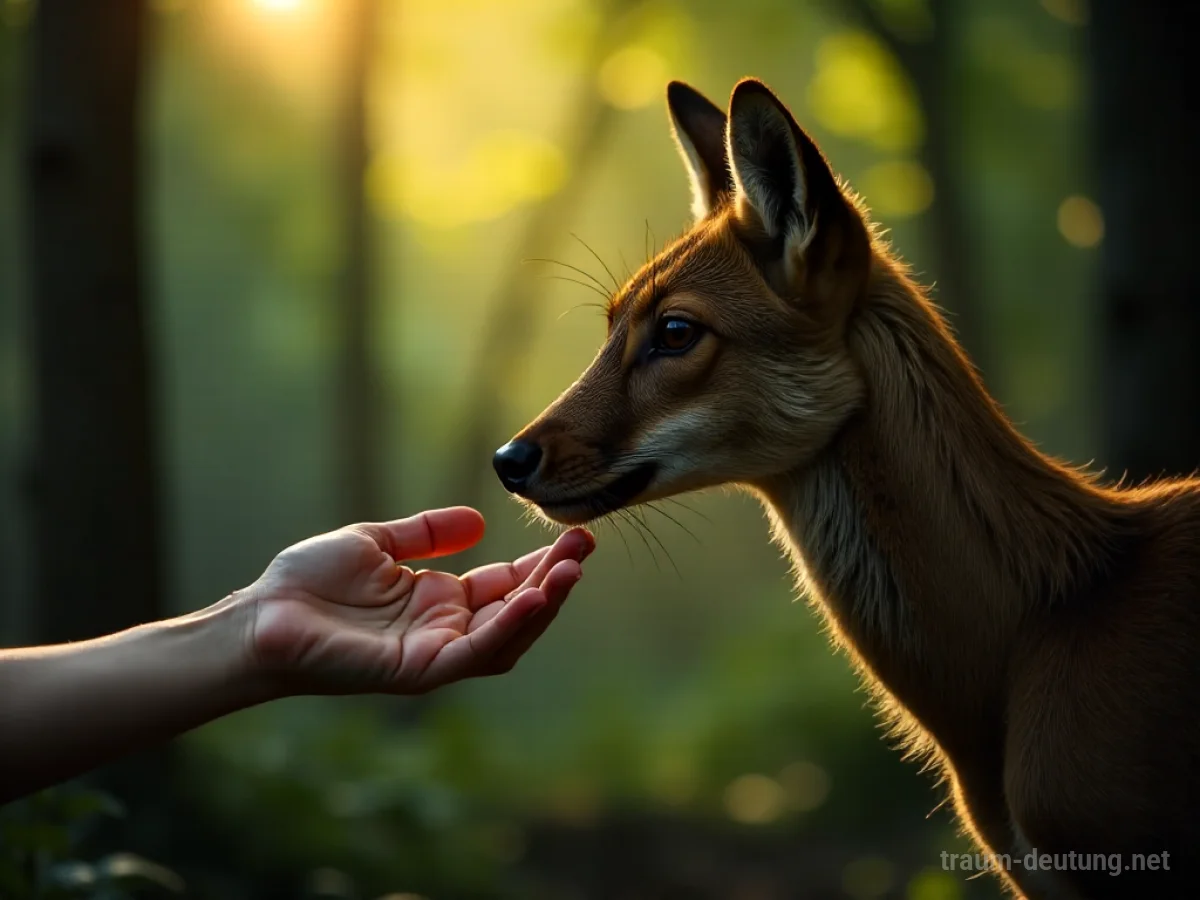 Hand berührt sanft ein Reh im Wald.
