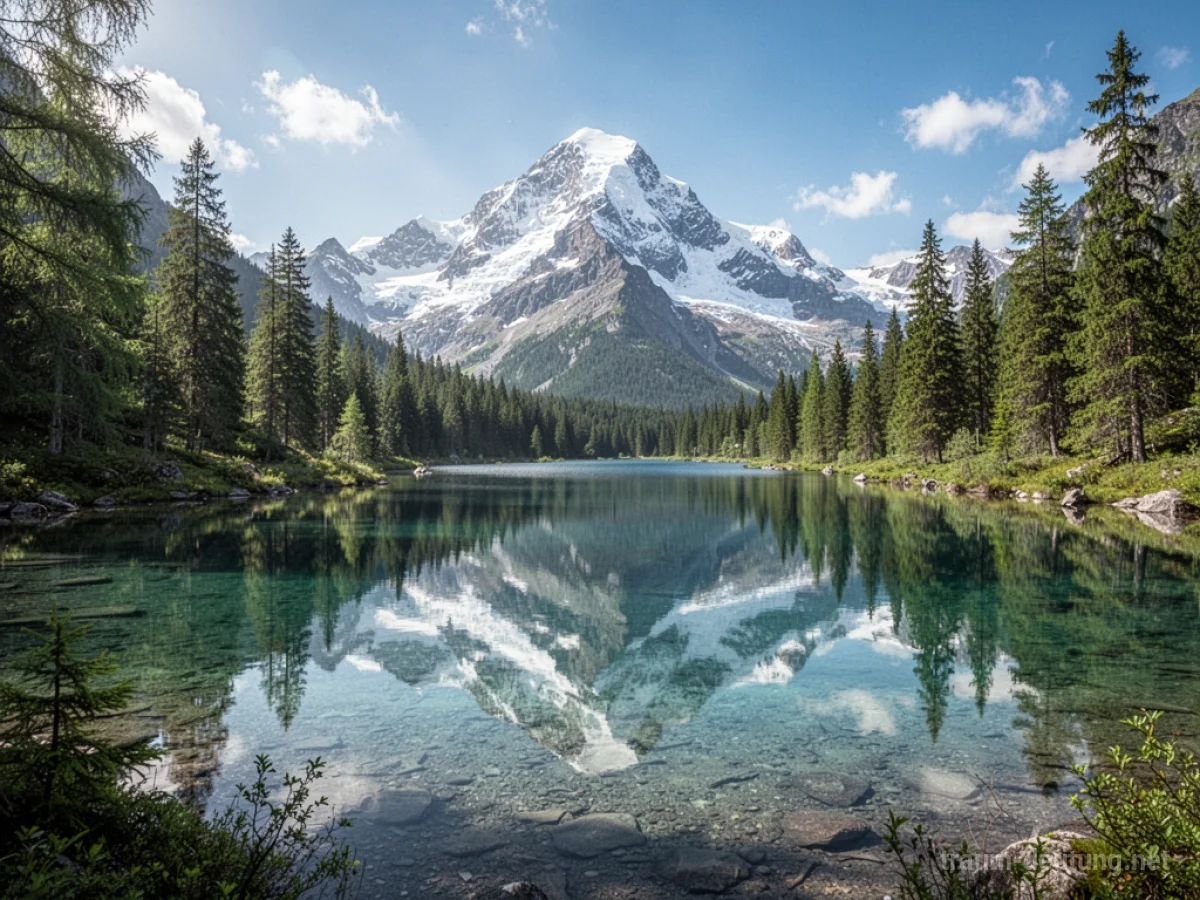 Ein klarer Bergsee spiegelt eine schneebedeckte Bergspitze im blauen Himmel.