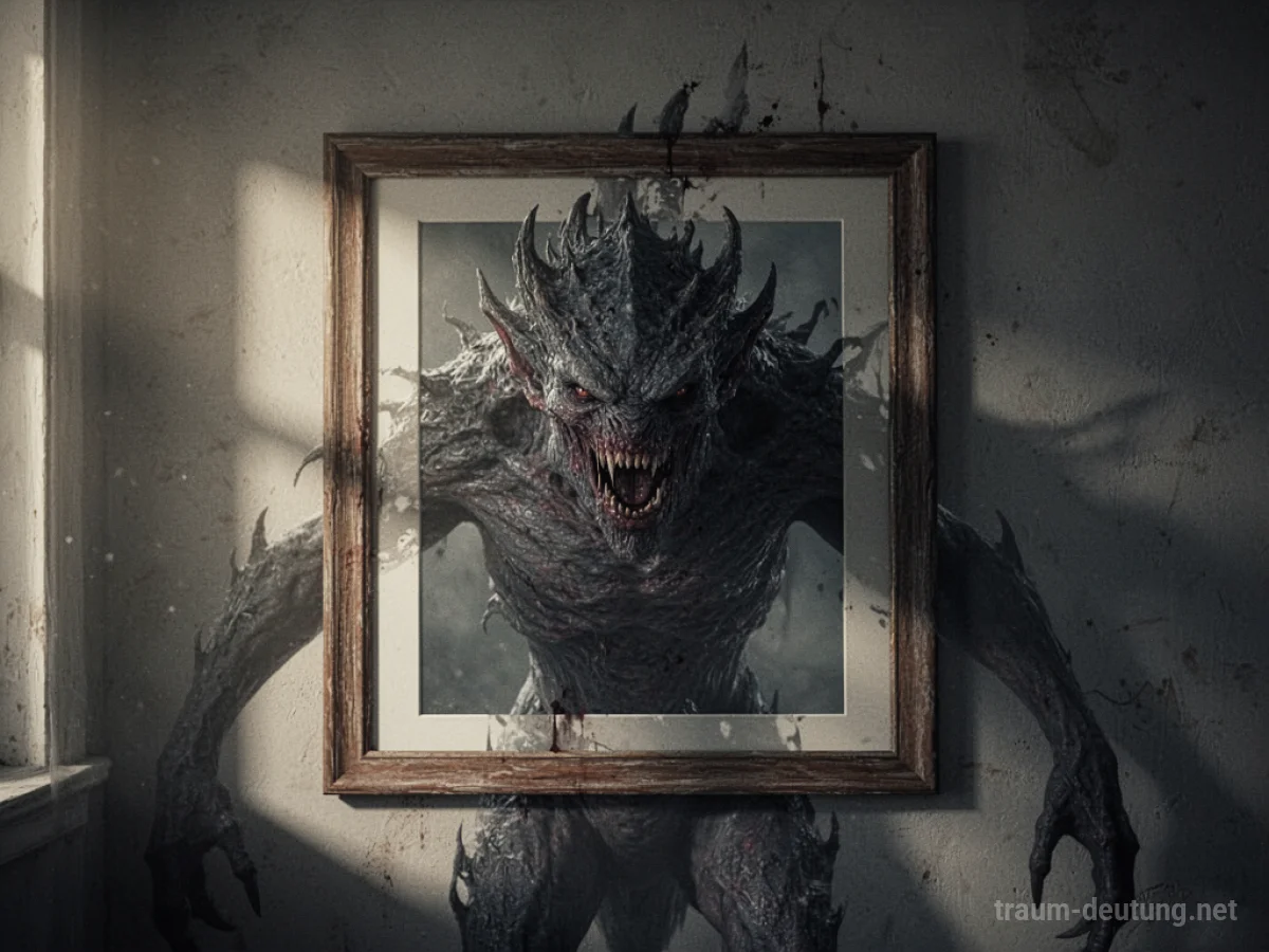 Schattenhaftes Monster hinter einem gerahmten Bild an einer Wand.
