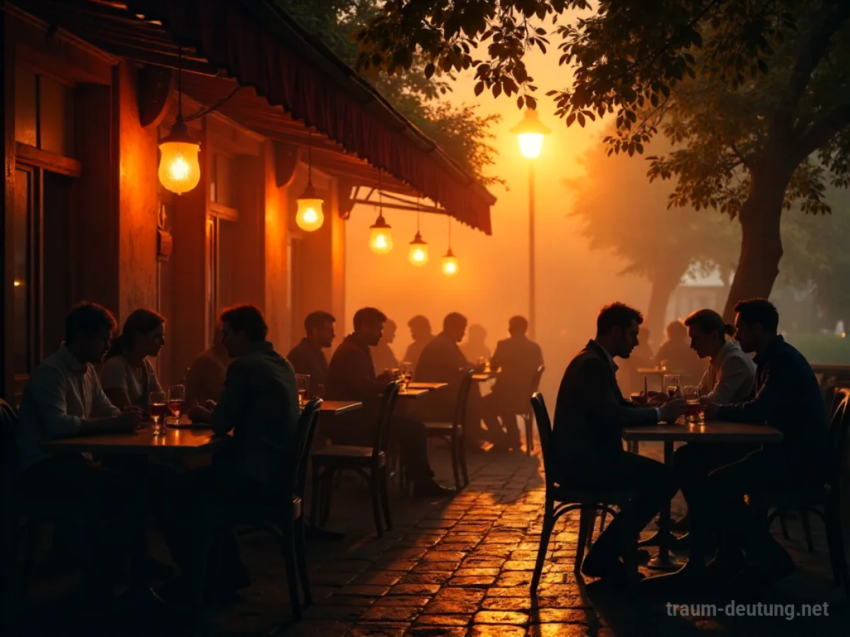 Bistro mit Freunden im Traum: Gemütliche Atmosphäre mit stilisierten Personen an Tischen.
