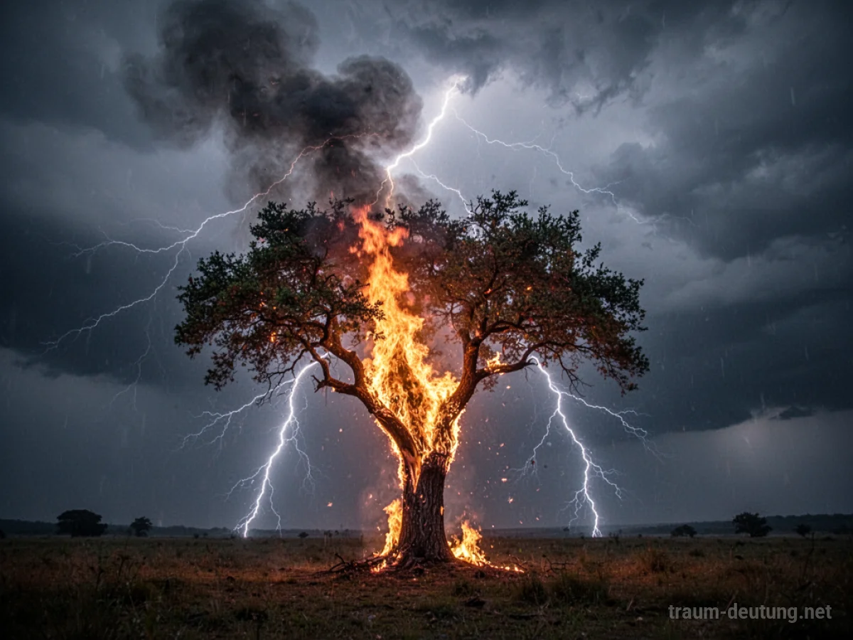 Ein Baum wird von einem Blitz getroffen und steht in Flammen.