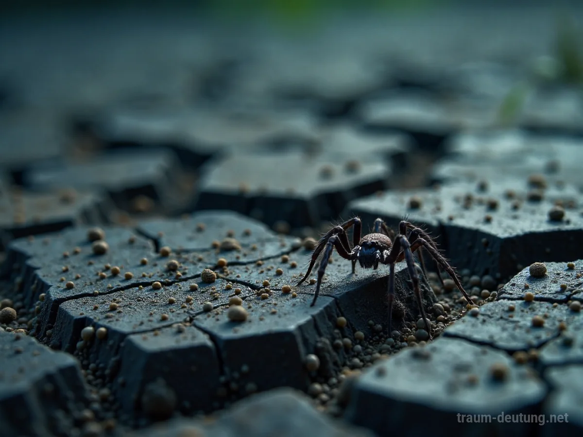 Boden voller Spinnen aus der Vogelperspektive, viele kleine Spinnen krabbeln über die Erde.