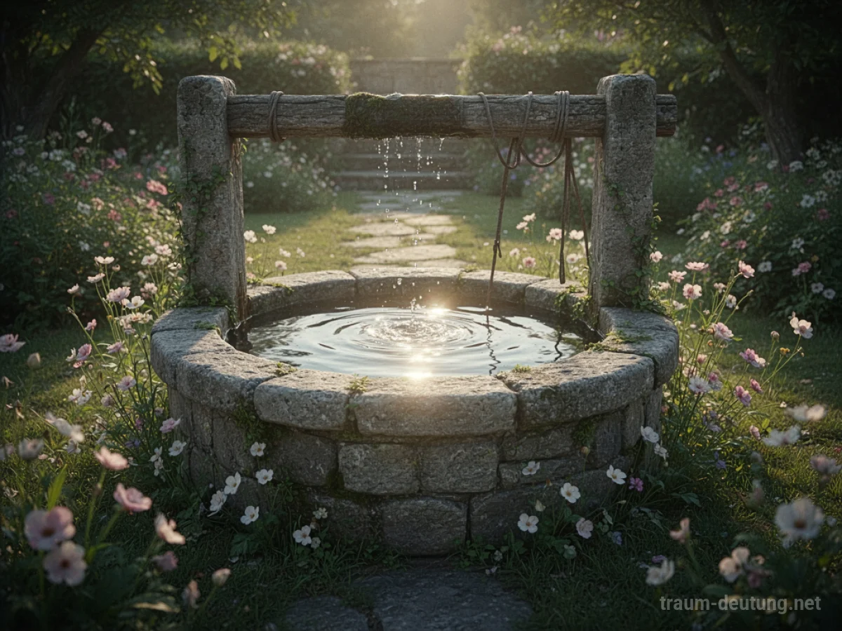 Ein steinerner Brunnen im Garten, Wasser schimmert im Licht.