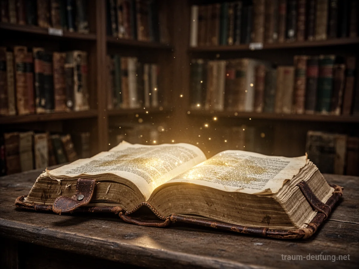 Offenes Buch mit leuchtenden goldenen Seiten in einer alten Bibliothek