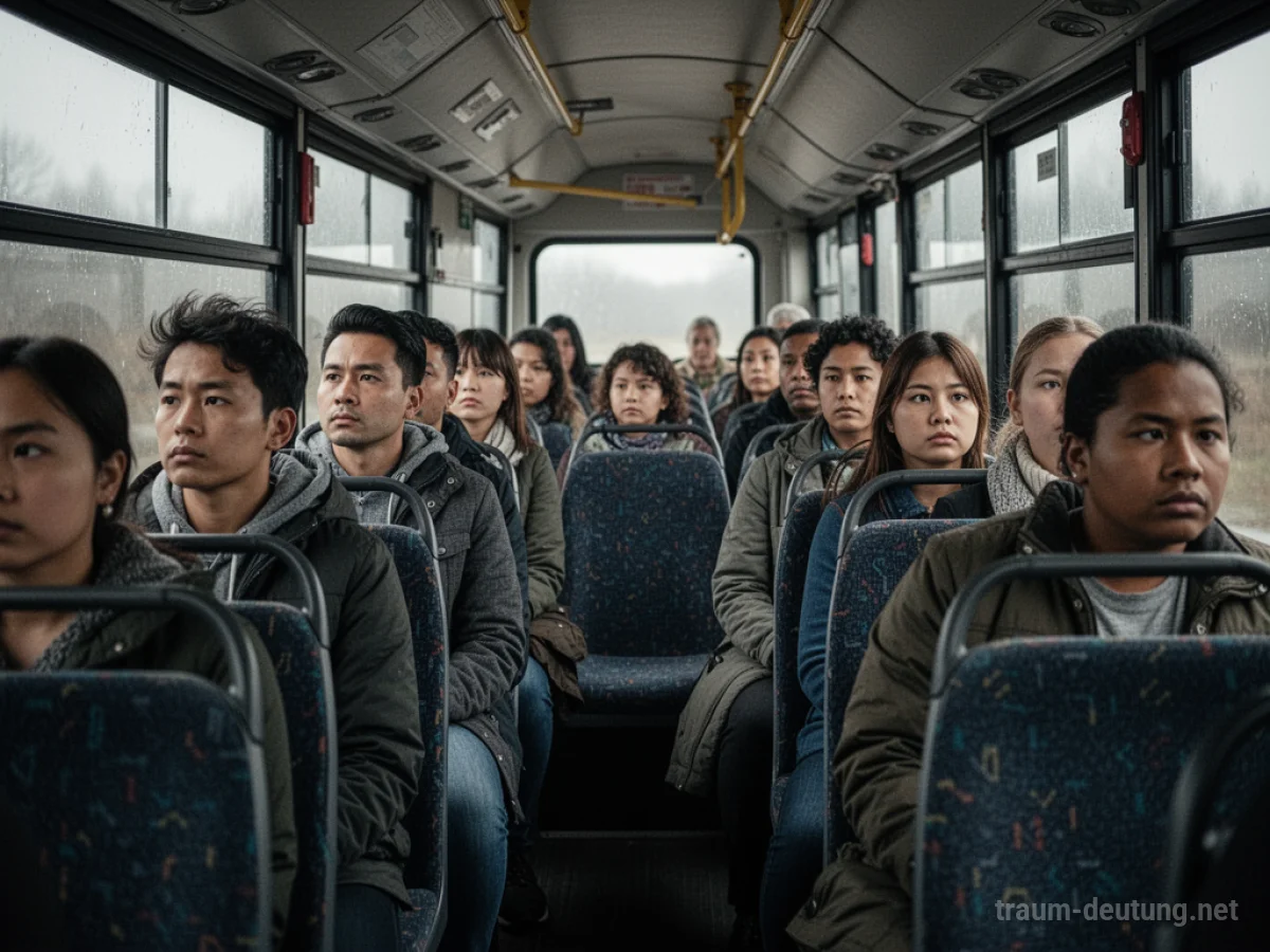 Menschen sitzen in einem Bus voller unbekannter Gesichter und blicken nach draußen.
