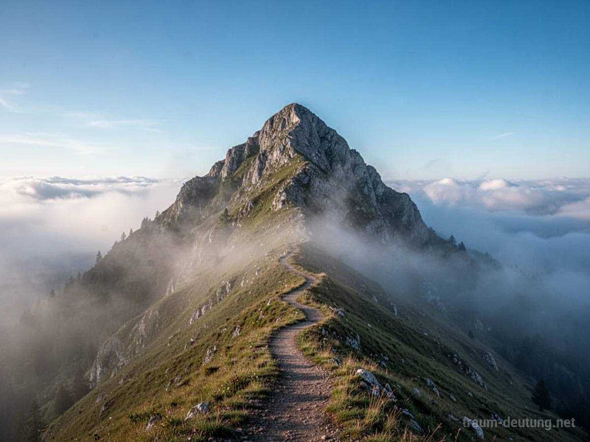 Hoher Berg mit Weg zur Spitze, umgeben von Nebel und blauem Himmel.