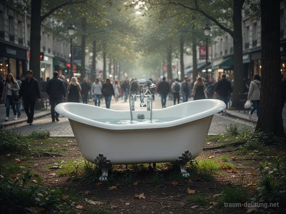 Eine freistehende Badewanne mitten in einem belebten Stadtpark.