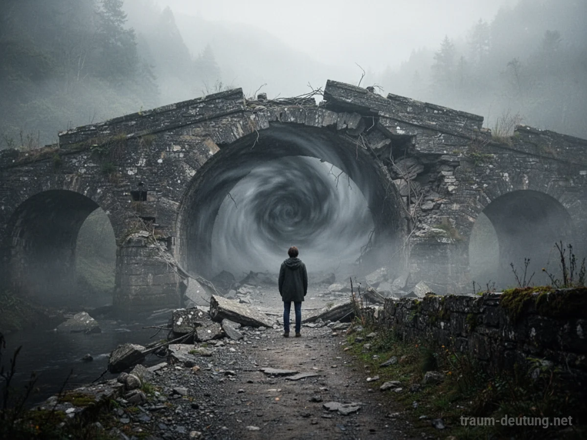 Eine blockierte Brücke mit Nebel auf der anderen Seite, eine Person steht davor.